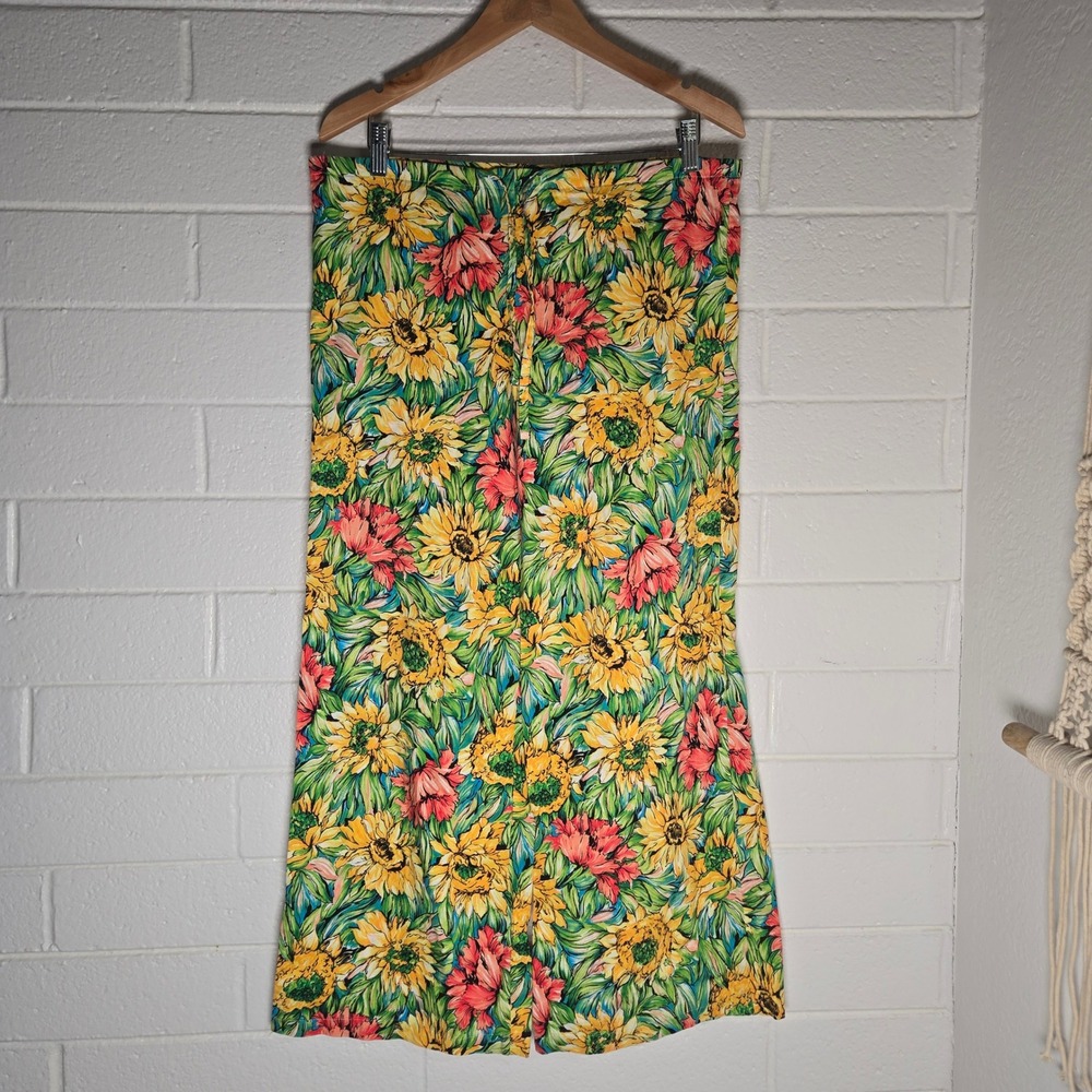 Vtg Handmade Sunflower Floral Wide Leg Pants Drawstring XL High Rise Retro Ditsy
